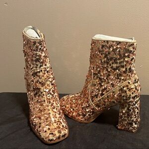 Sparkling Sequin Heeled Boots - Gold and Pink